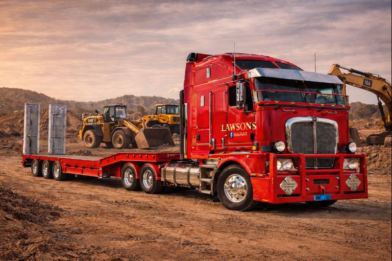 “Heavy haulage Kenworth prime mover with excavator on float”